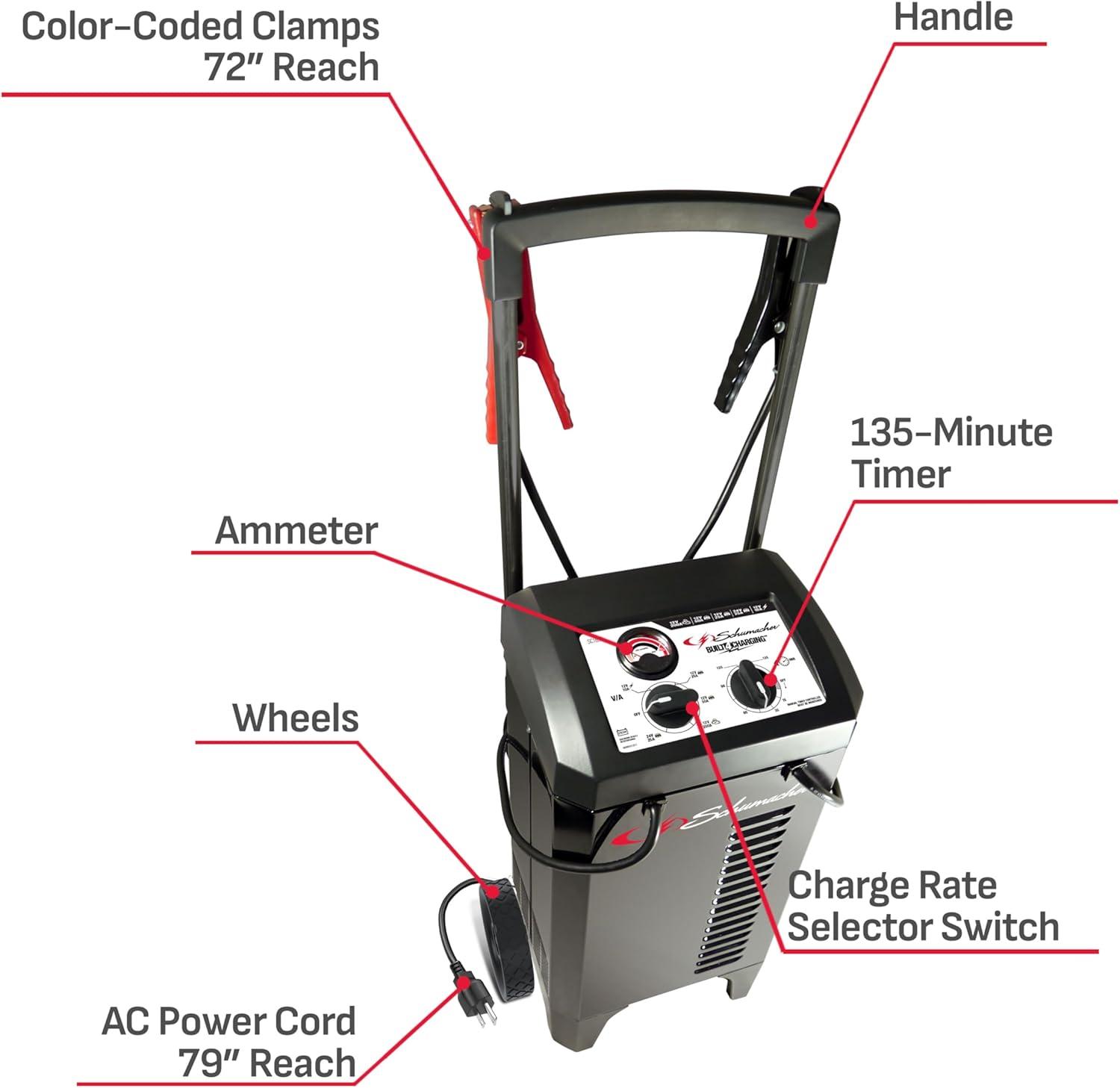 imageSchumacher Electric Wheeled Manual 10A Car Battery Charger and 200A Engine Starter 2in1 Solution 50A Boost for 12V24V Power Sport Automotive and Marine Batteries SC1633