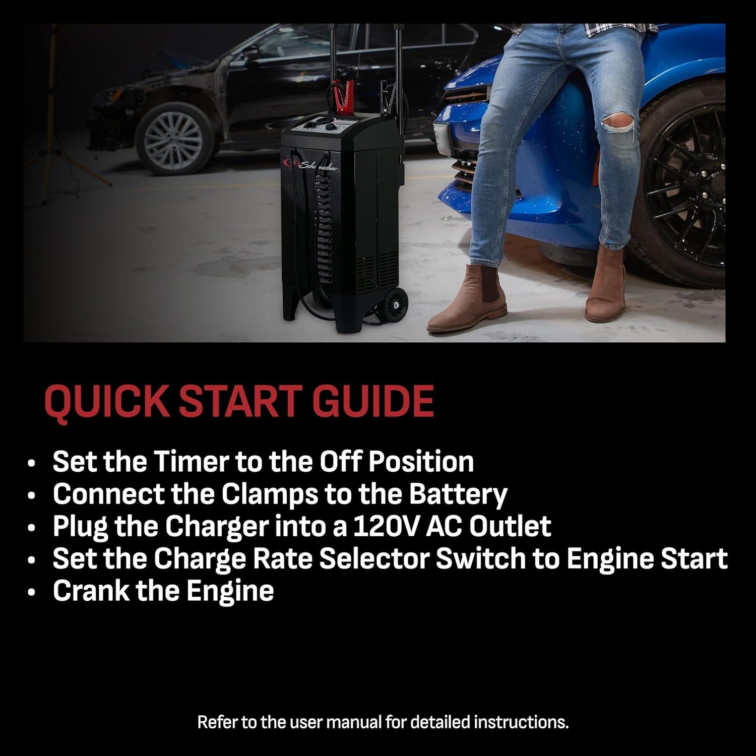 imageSchumacher Electric Wheeled Manual 10A Car Battery Charger and 200A Engine Starter 2in1 Solution 50A Boost for 12V24V Power Sport Automotive and Marine Batteries SC1633