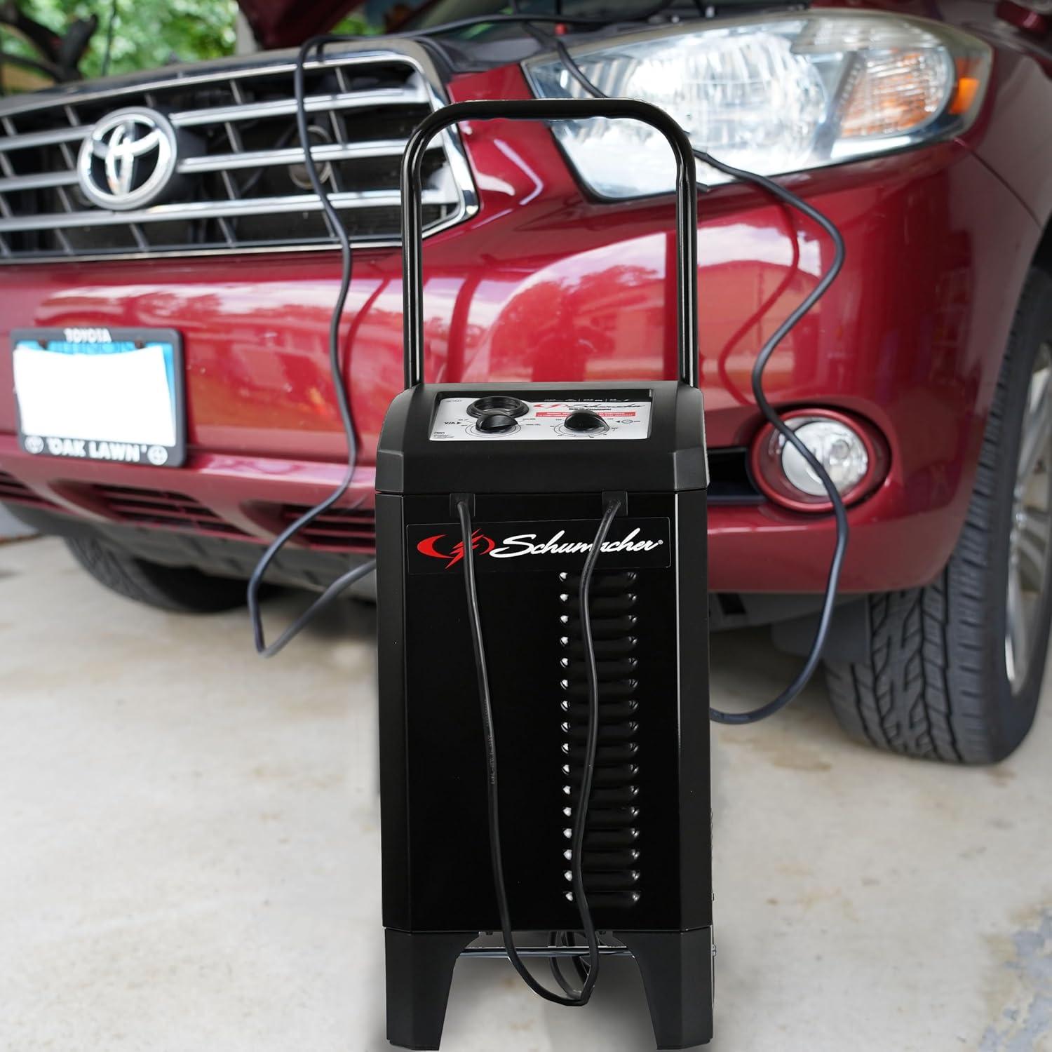 imageSchumacher Electric Wheeled Manual 10A Car Battery Charger and 250A Engine Starter 2in1 Solution 50A Boost for 6V12V Power Sport Automotive and Marine Batteries SC1445150 Amp