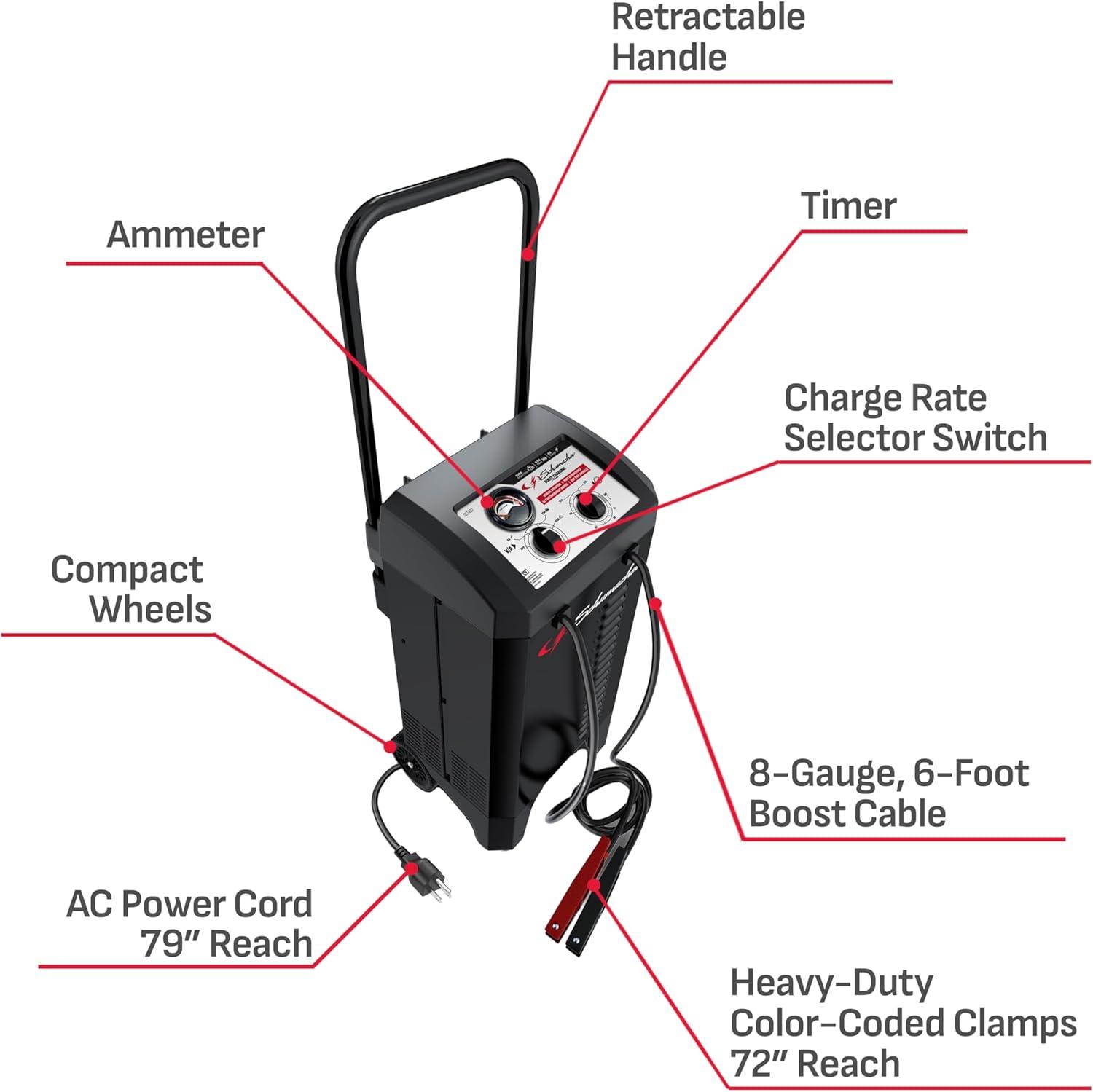 imageSchumacher Electric Wheeled Manual 10A Car Battery Charger and 250A Engine Starter 2in1 Solution 50A Boost for 6V12V Power Sport Automotive and Marine Batteries SC1445150 Amp