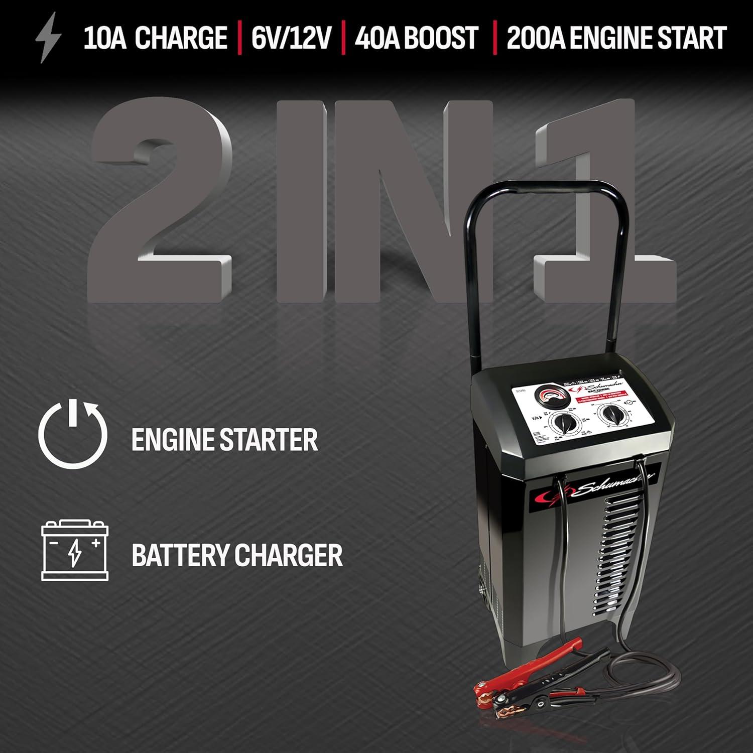 imageSchumacher Electric Wheeled Manual 10A Car Battery Charger and 250A Engine Starter 2in1 Solution 50A Boost for 6V12V Power Sport Automotive and Marine Batteries SC1445200 Amp
