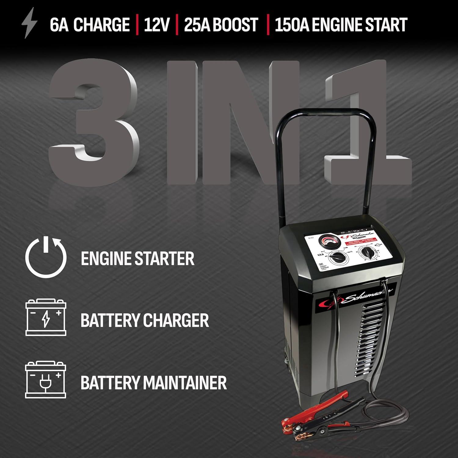 imageSchumacher Electric Wheeled Manual 10A Car Battery Charger and 250A Engine Starter 2in1 Solution 50A Boost for 6V12V Power Sport Automotive and Marine Batteries SC1445150 Amp