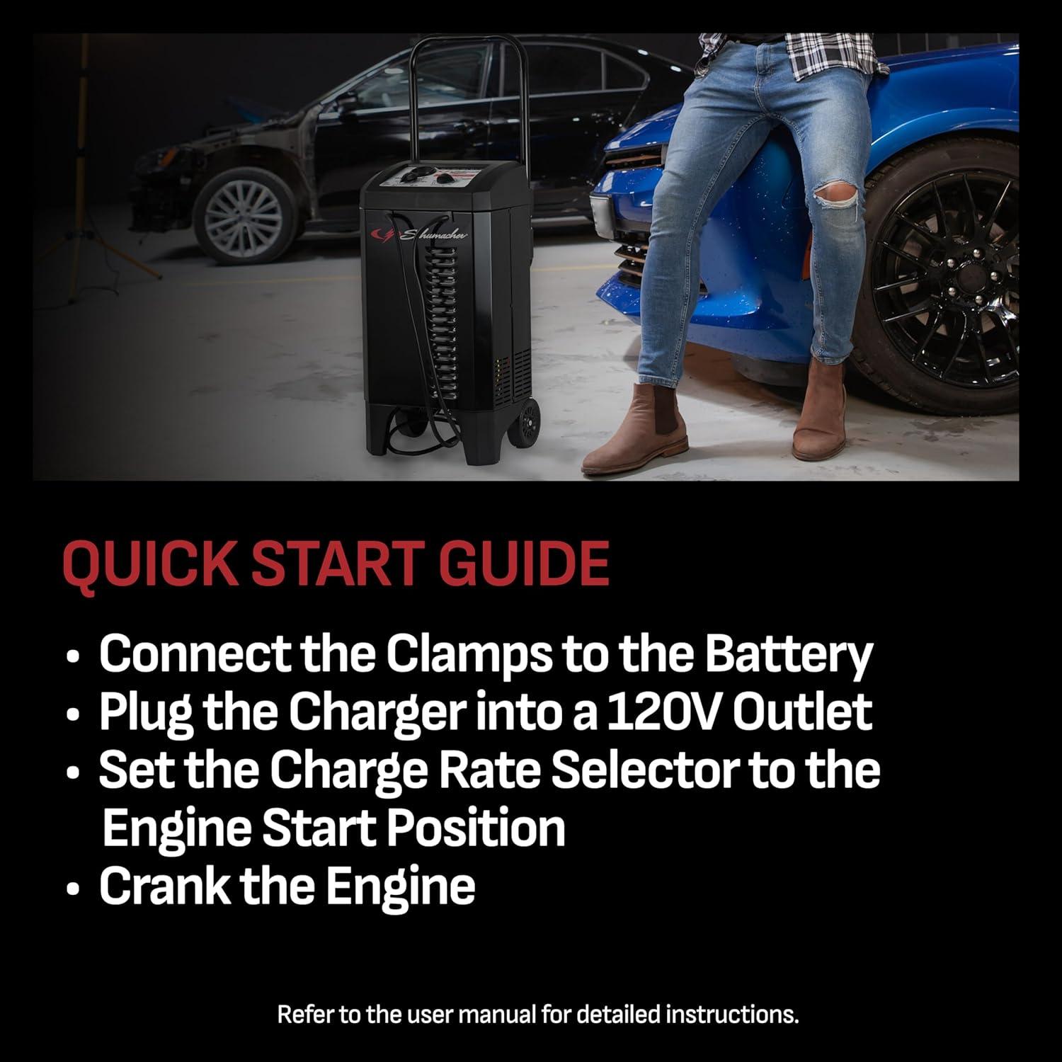 imageSchumacher Electric Wheeled Manual 10A Car Battery Charger and 250A Engine Starter 2in1 Solution 50A Boost for 6V12V Power Sport Automotive and Marine Batteries SC1445200 Amp