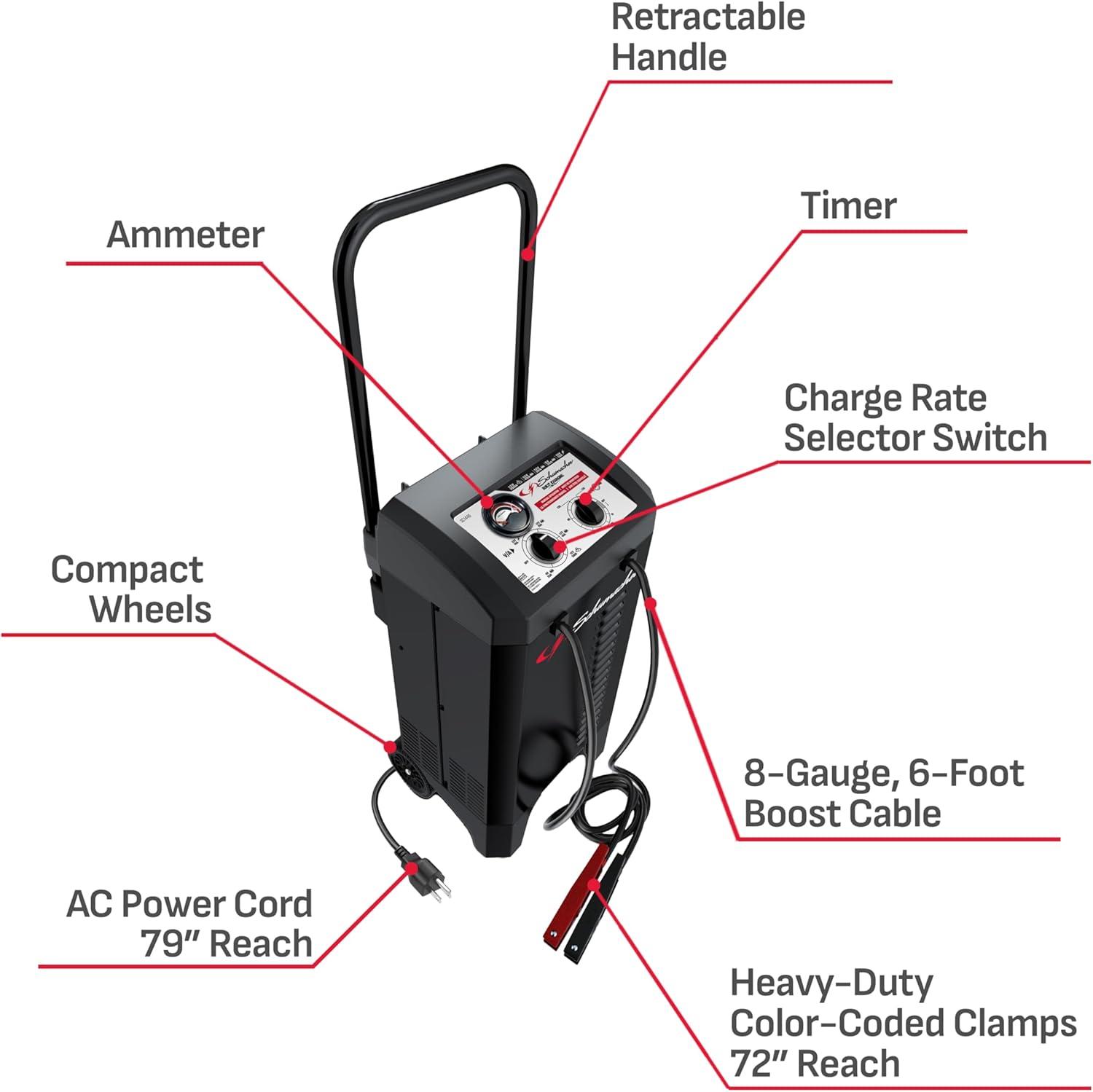 imageSchumacher Electric Wheeled Manual 10A Car Battery Charger and 250A Engine Starter 2in1 Solution 50A Boost for 6V12V Power Sport Automotive and Marine Batteries SC1445200 Amp