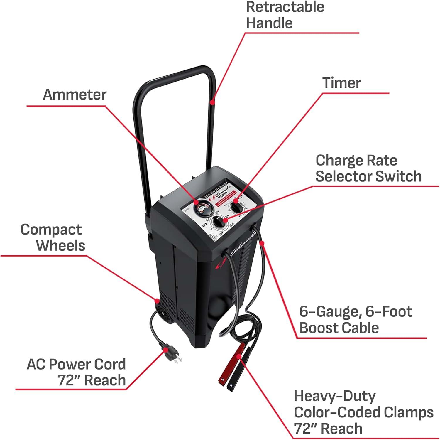 imageSchumacher Electric Wheeled Manual 10A Car Battery Charger and 250A Engine Starter 2in1 Solution 50A Boost for 6V12V Power Sport Automotive and Marine Batteries SC1445250 Amp