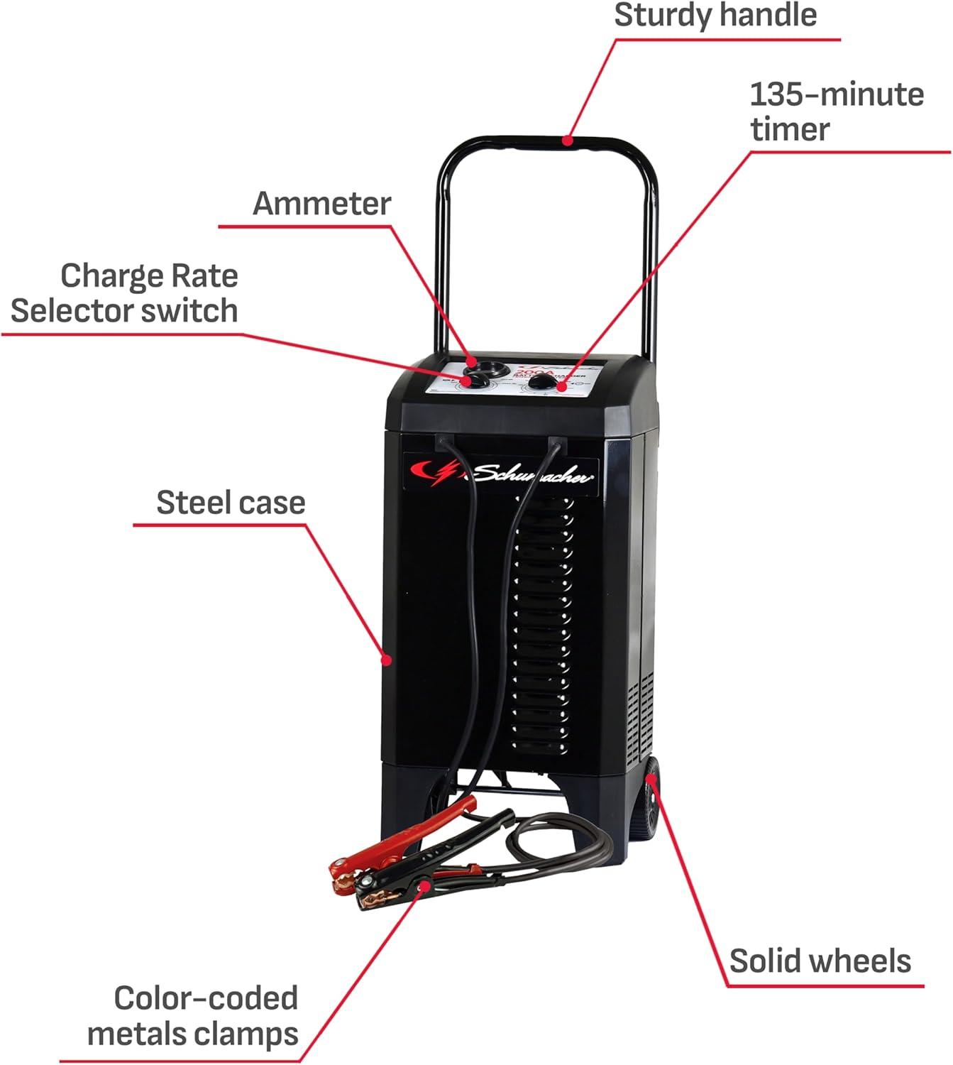 imageSchumacher Electric Wheeled Manual 6A Car Battery Charger and 200A Engine Starter 2in1 Solution 40A Boost for 12V Power Sport Automotive and Marine Batteries SC1565
