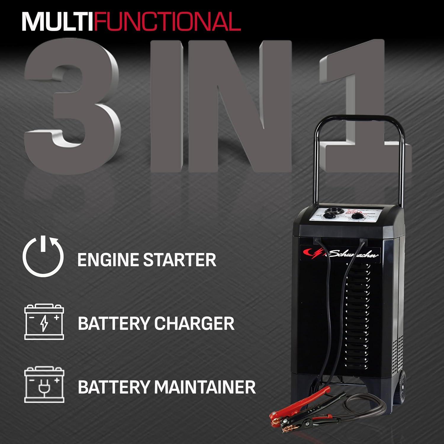 imageSchumacher Electric Wheeled Manual 6A Car Battery Charger and 200A Engine Starter 2in1 Solution 40A Boost for 12V Power Sport Automotive and Marine Batteries SC1565