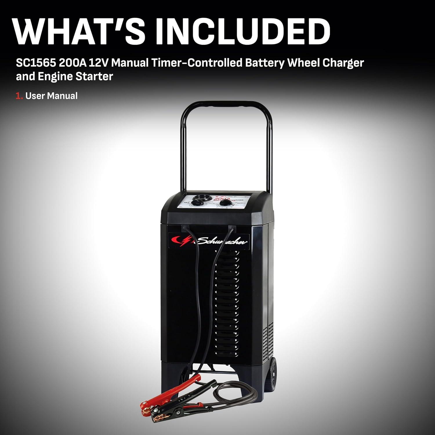 imageSchumacher Electric Wheeled Manual 6A Car Battery Charger and 200A Engine Starter 2in1 Solution 40A Boost for 12V Power Sport Automotive and Marine Batteries SC1565