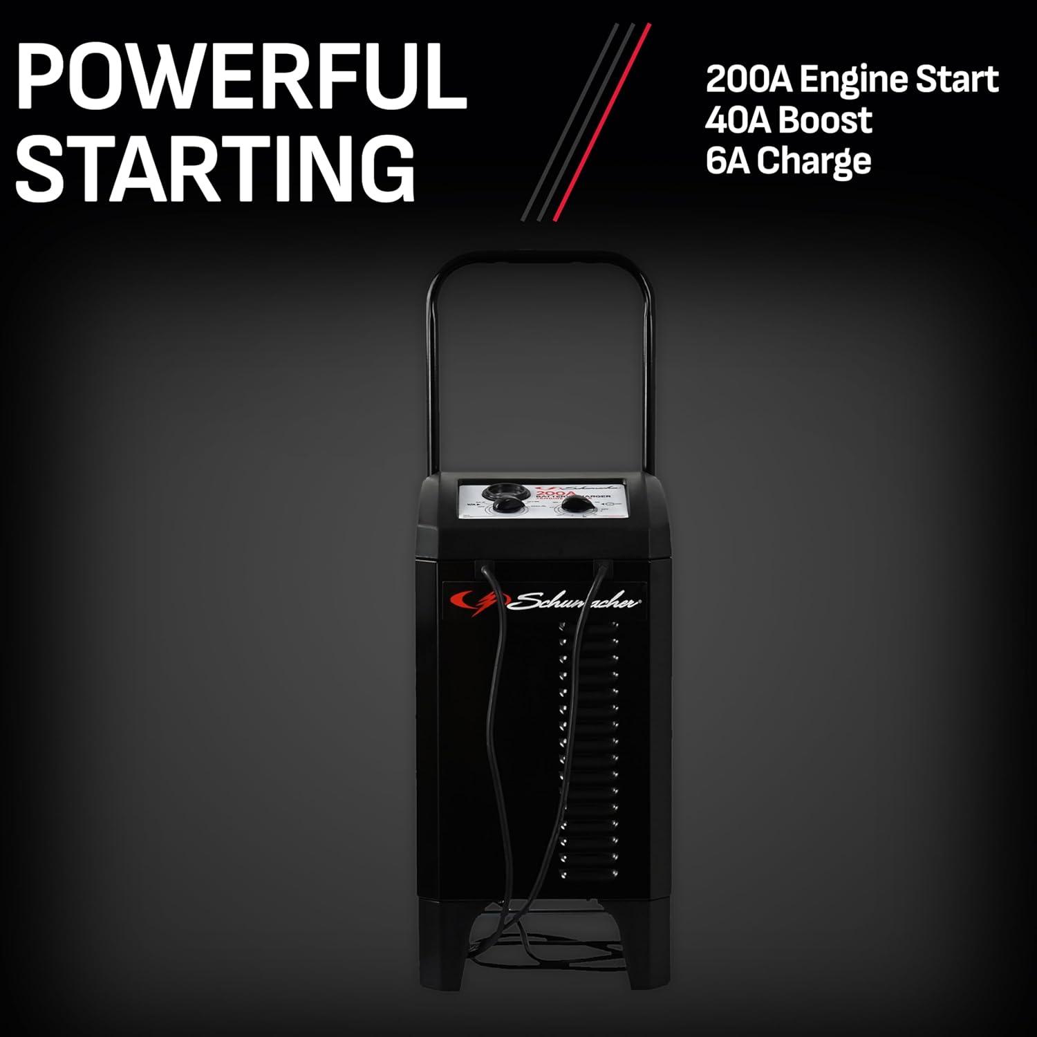 imageSchumacher Electric Wheeled Manual 6A Car Battery Charger and 200A Engine Starter 2in1 Solution 40A Boost for 12V Power Sport Automotive and Marine Batteries SC1565