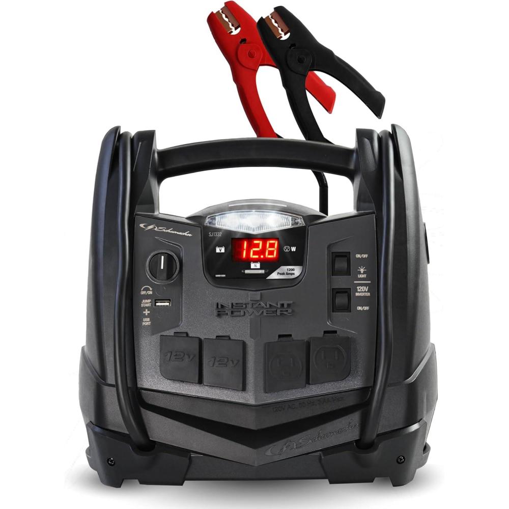 imageSchumacher Electric 1200A Car Battery Jump Starter and Portable Power Station 6in1 Solution for 12V Batteries 150PSI Air Compressor 200 Continuous400 Peak Watt Inverter SJ1332