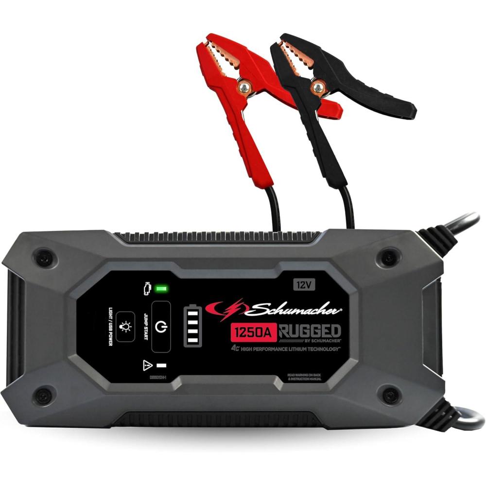 imageSchumacher Electric 1250A Rugged Lithium Car Battery Jump Starter and Portable Power PackJump Box 3in1 Solution 24A USB Charging for 12V Power Sport Automotive and Marine Batteries SL16481250 Amp