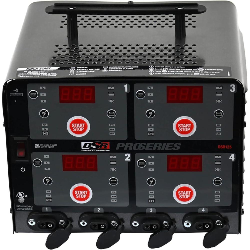 imageSchumacher Electric 4 Bank Battery Charger Maintainer  Automatic MultiBank 6V  12V Maintainer for Cars Trucks SUVs  Smart Amperage Control  Overcharge ampamp ShortCircuit Protection  DSR125Charger