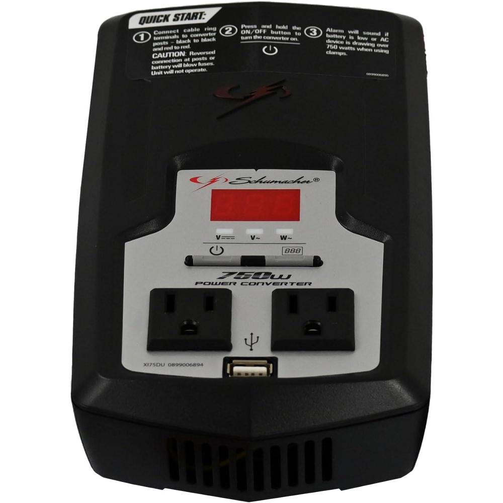 imageSchumacher Electric DC to AC Power Converter XI75DU 750 Continuous Watts 1500 Peak Wats 2 AC Outlets 2 Amp USB Port