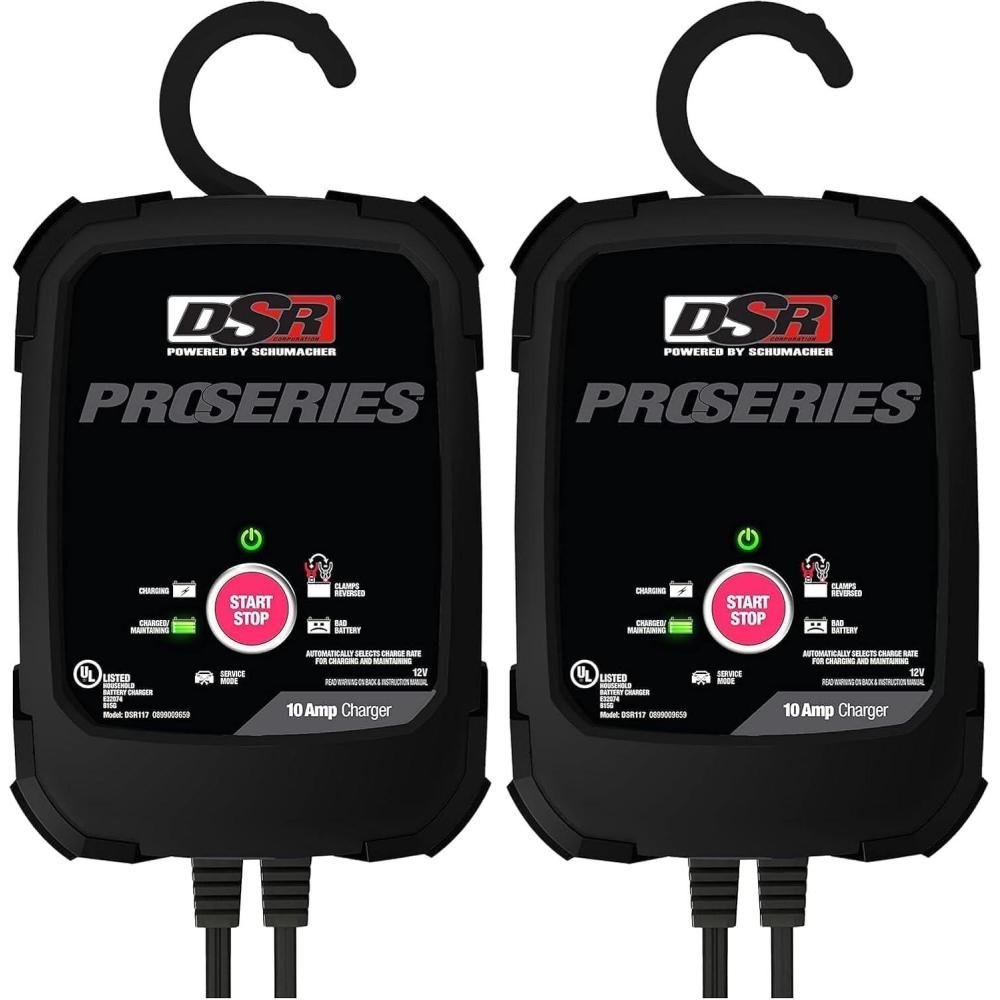 imageSchumacher Electric DSR Pro Series 12V  10 amp Battery Charger for Cars Trucks ampamp SUVs  ServiceMode ampamp Reverse HookUp Protection  MicroprocessorControlled  DSR117One Size Pack of 2