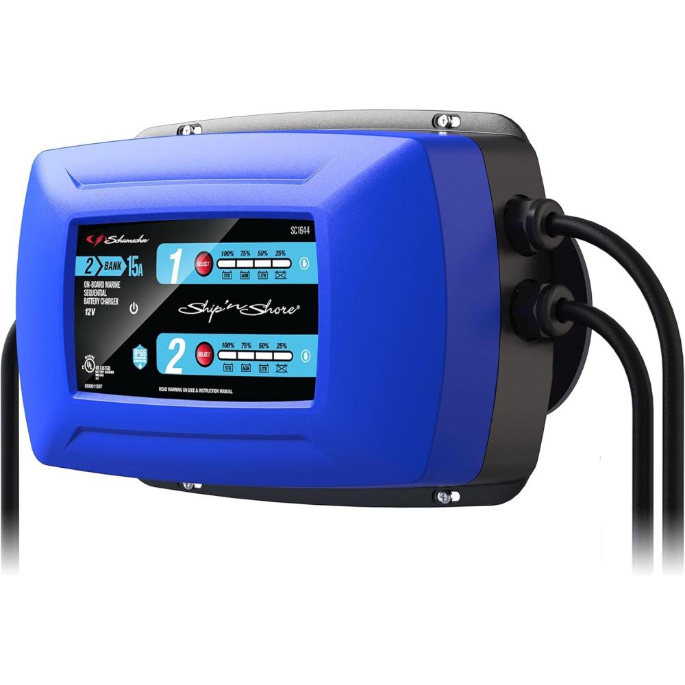 imageSchumacher Electric Ship n Shore TwoBank OnBoard 15A Car Battery Charger and Maintainer 2in1 Solution Sequential Charging for Power Sport Automotive and Marine Batteries SC16442 Bank